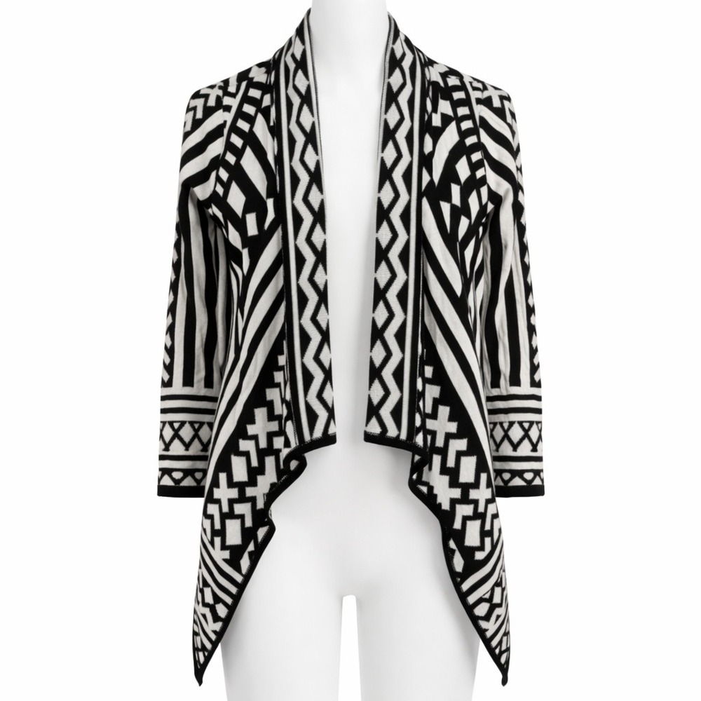 Say‎ What? Womens Sz S Black White Geometric Draped Open Cardigan Y2K Tribal